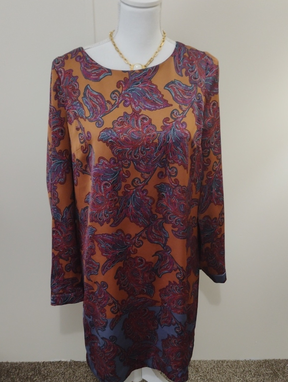The Limited Rust Paisley Long-Sleeve Shift Dress with Blue Accents